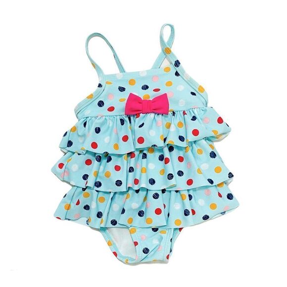 Blue Polka Dot Ruffle Trim One Piece Swimsuit - Picture 1 of 3